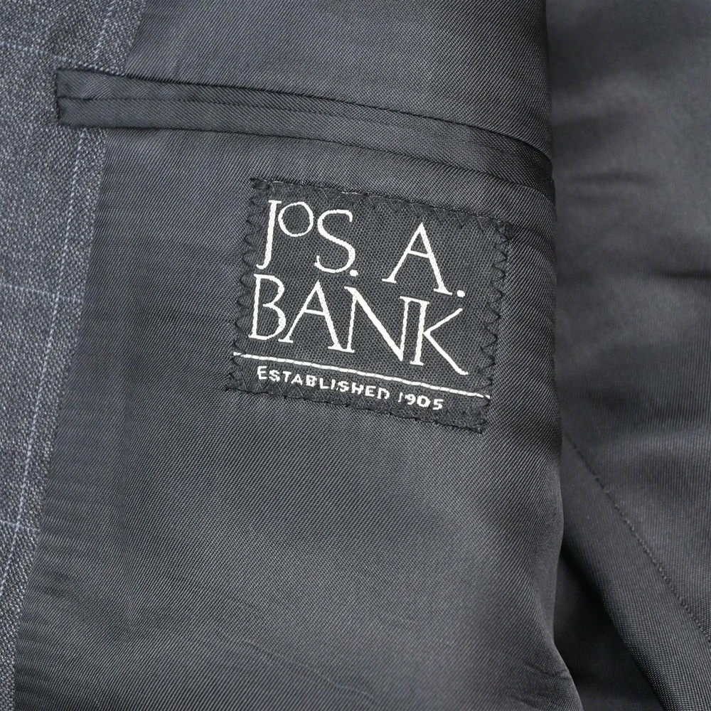 Jos A Bank 41L 34x32 Gray Windowpane 100% Wool Mens Jacket Pants Suit